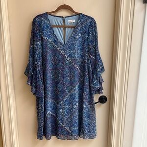 Calvin Klein Blue Ruffled Tiered Dress with V-Neck